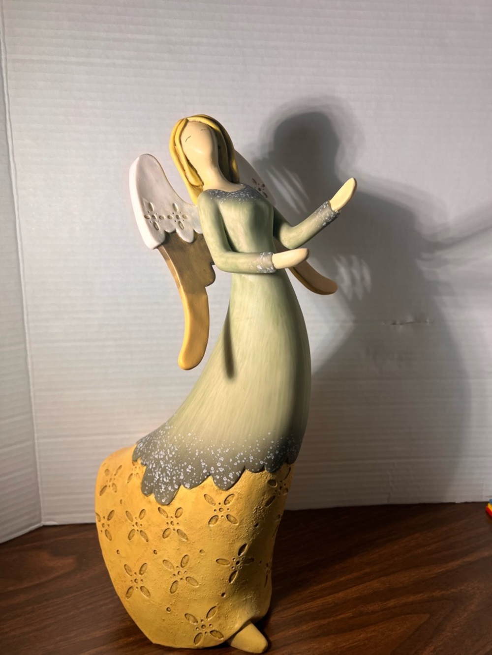 Hand-Painted Green and Yellow Angel Sculpture - Home Art Accent
